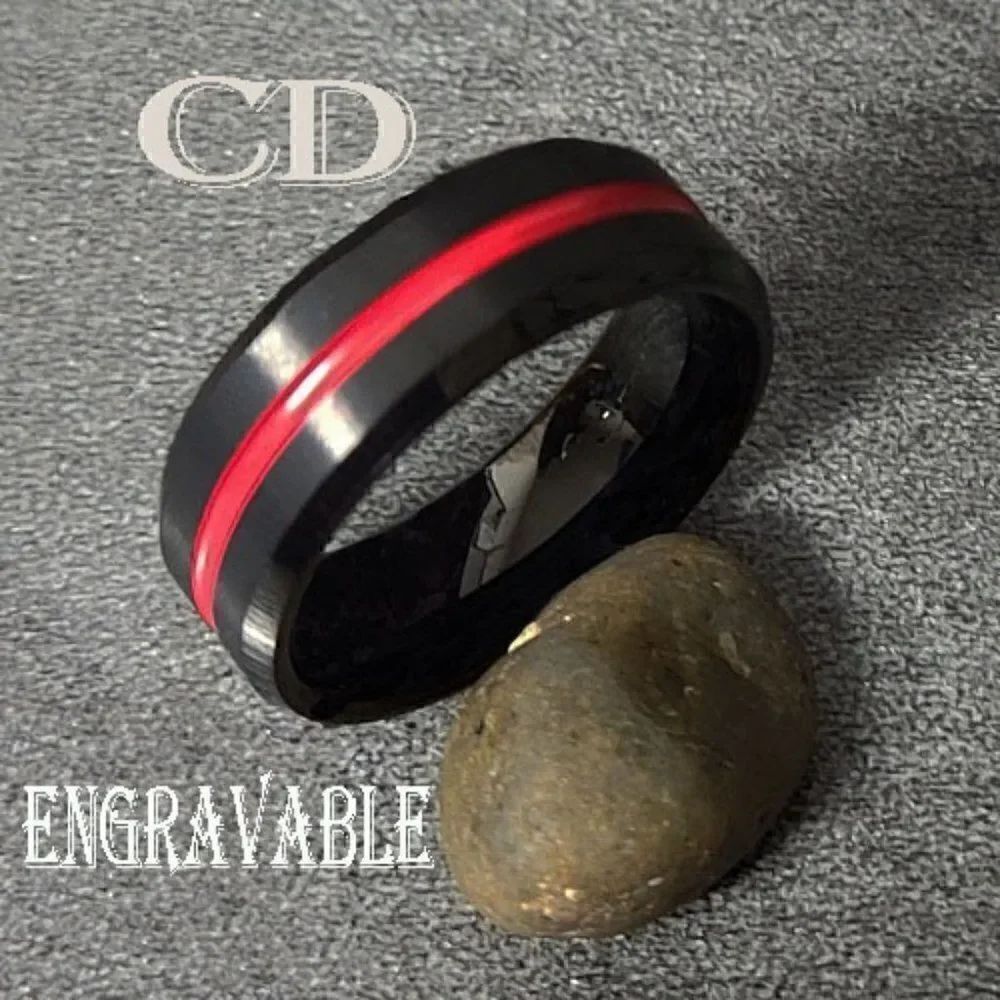 Personalized Men's Real Black Tungsten Wedding Ring With Red Line Center Groove